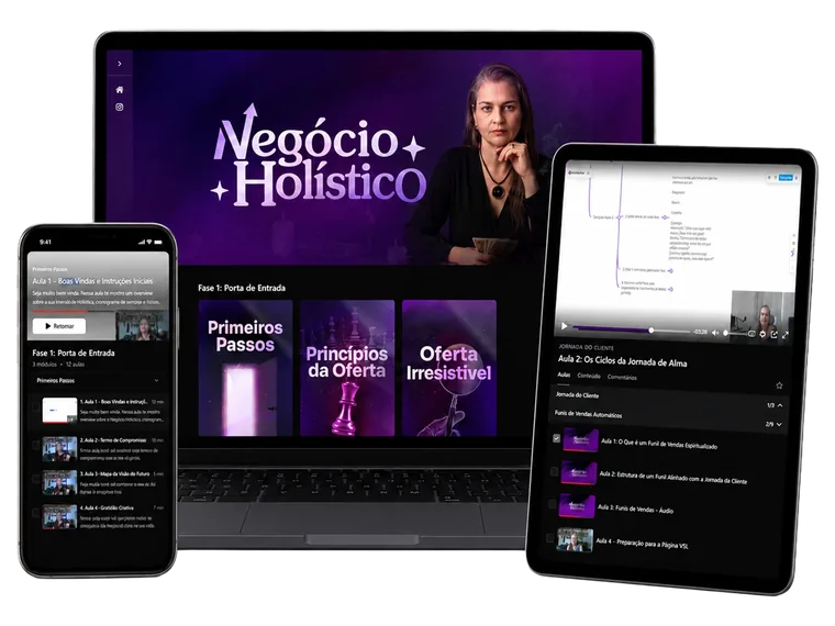Negócio Holístico na área de membros: notebook, tablet e celular